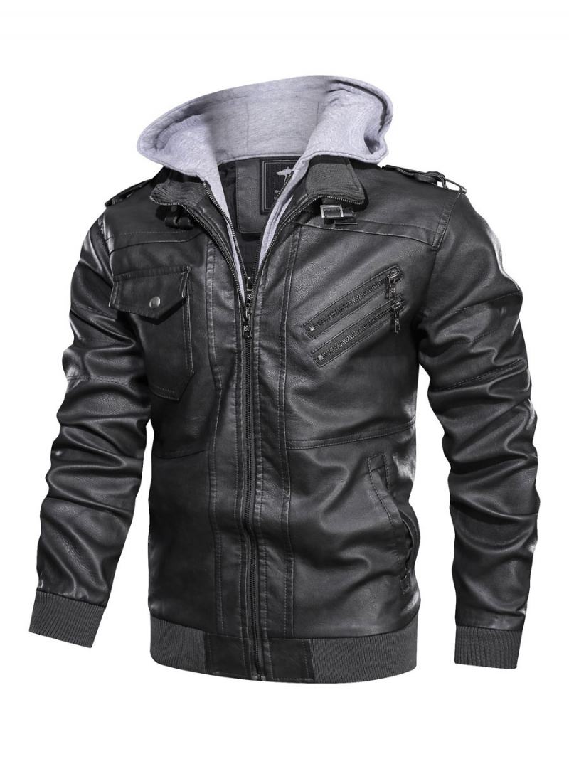 Ανδρικά Δερμάτινα Μπουφάν Zipper Pu Windbreaker Καφέ Μόδα Παλτό - Μαύρο