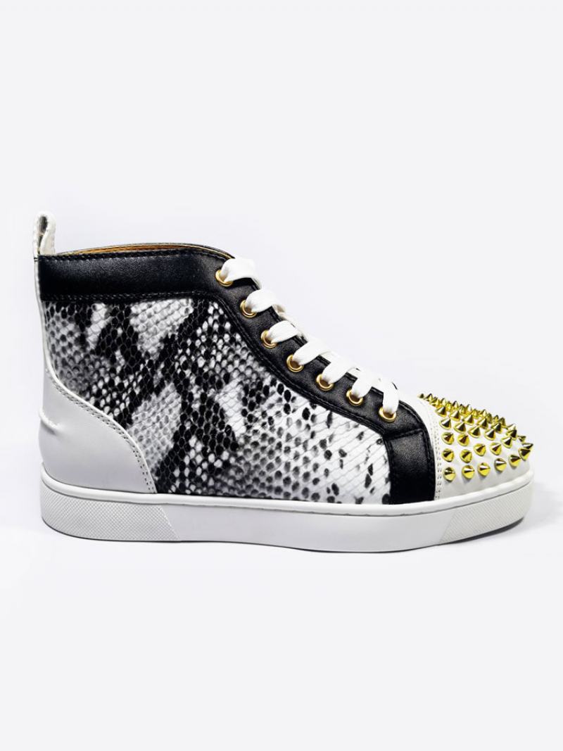 Ανδρικά Μαύρα Snakeskin High Top Sneakers Παπούτσια Skateboard Με Πριτσίνια - Μαύρος