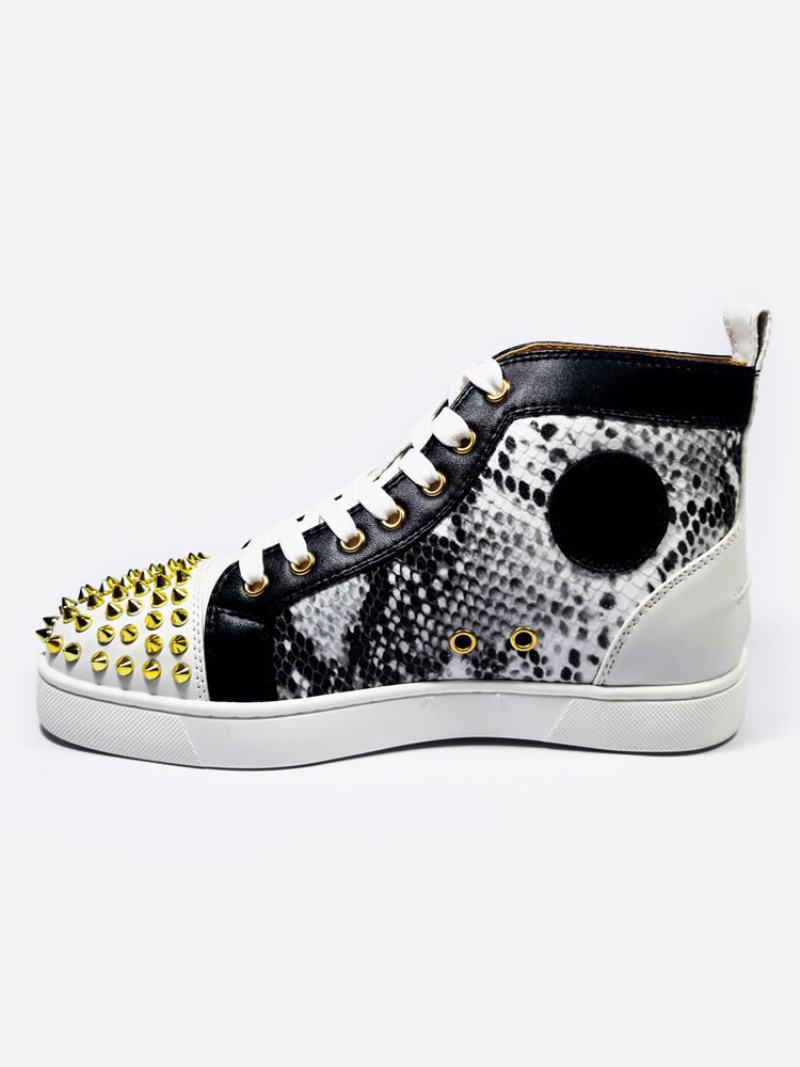 Ανδρικά Μαύρα Snakeskin High Top Sneakers Παπούτσια Skateboard Με Πριτσίνια - Μαύρος