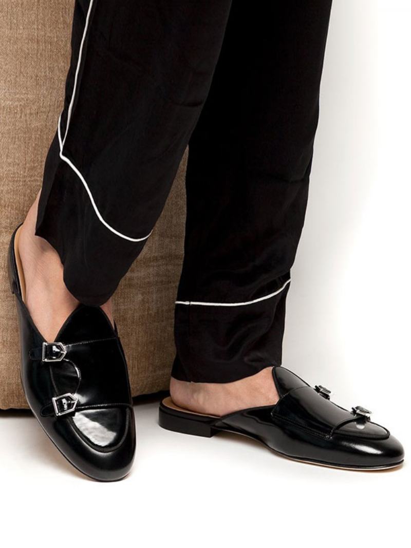 Ανδρικά Μαύρα Λουράκια Loafer Mules Slip On Prom Παπούτσια Φόρεμα - Μαύρος