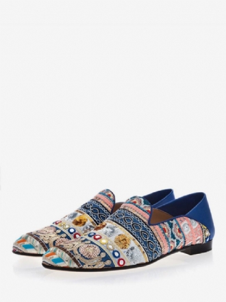 Ανδρικά Μπλε Slip On Loafers Ethnic Κεντημένα Στρογγυλά Παπούτσια Γάμου Casual Party Prom