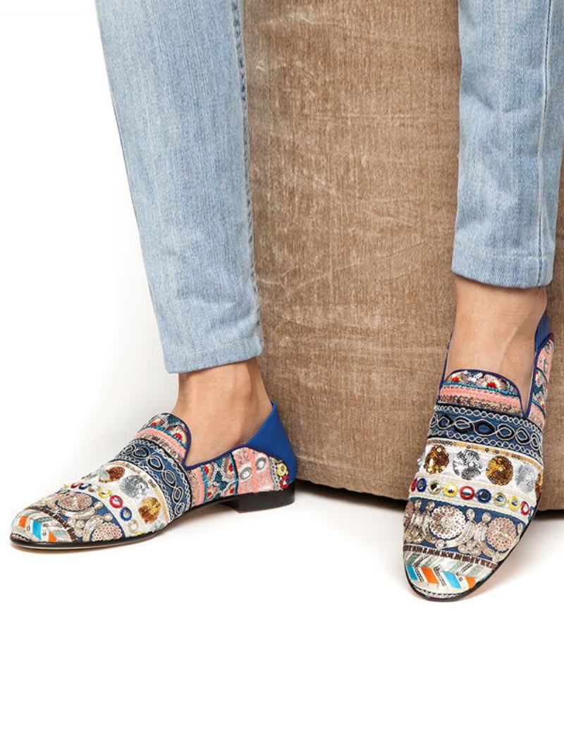 Ανδρικά Μπλε Slip On Loafers Ethnic Κεντημένα Στρογγυλά Παπούτσια Γάμου Casual Party Prom - Μπλε