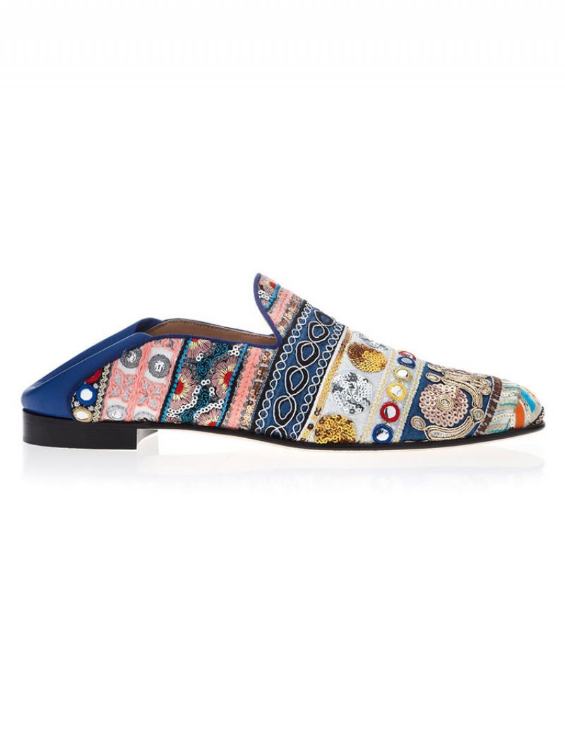 Ανδρικά Μπλε Slip On Loafers Ethnic Κεντημένα Στρογγυλά Παπούτσια Γάμου Casual Party Prom - Μπλε