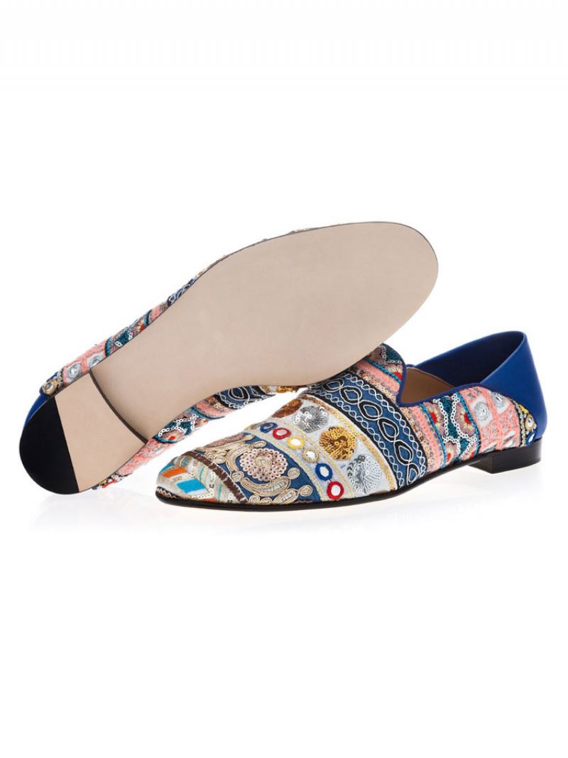 Ανδρικά Μπλε Slip On Loafers Ethnic Κεντημένα Στρογγυλά Παπούτσια Γάμου Casual Party Prom - Μπλε