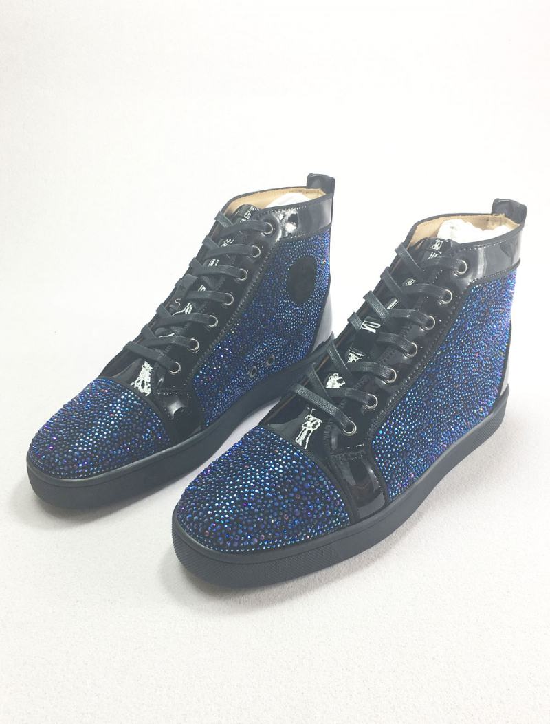 Ανδρικά Μπλε Δερμάτινα High Top Party Sneakers Παπούτσια Με Στρας