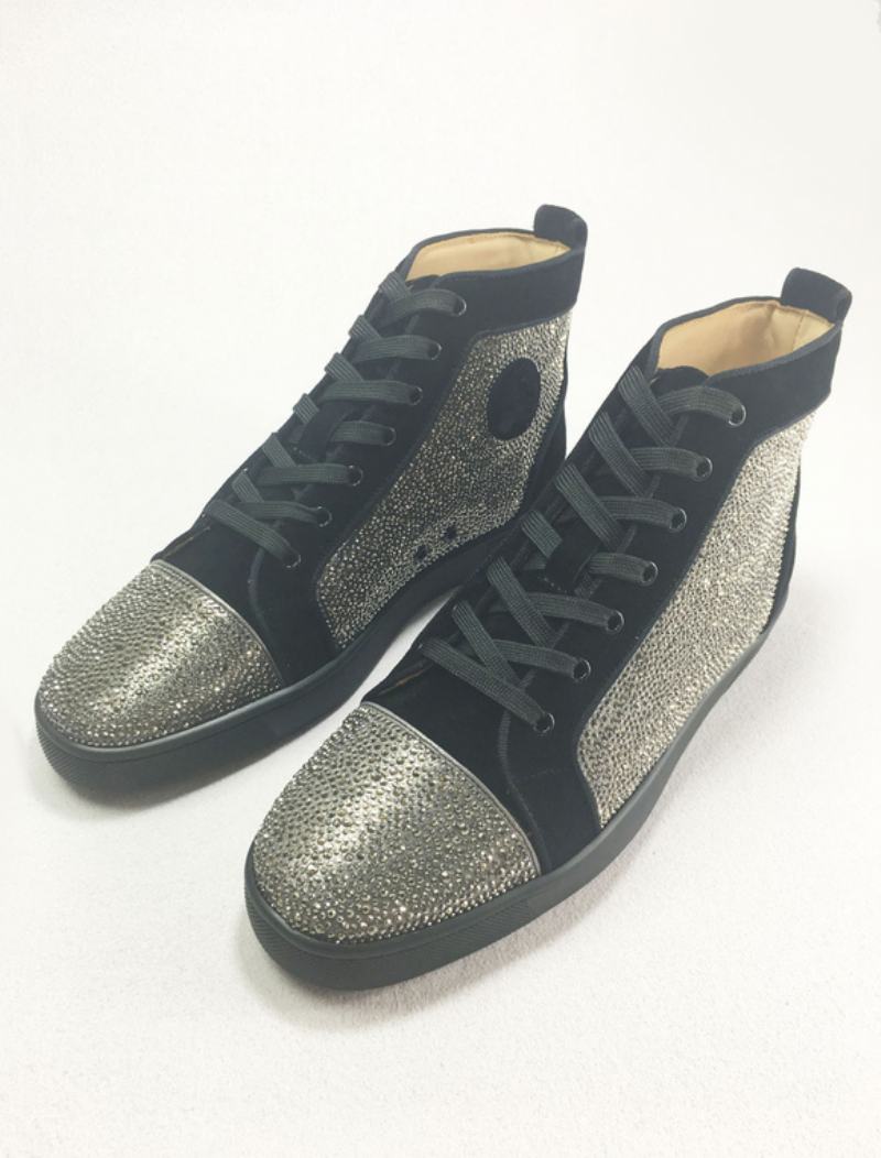 Ανδρικά Μπλε Δερμάτινα High Top Party Sneakers Παπούτσια Με Στρας -  Ασημί