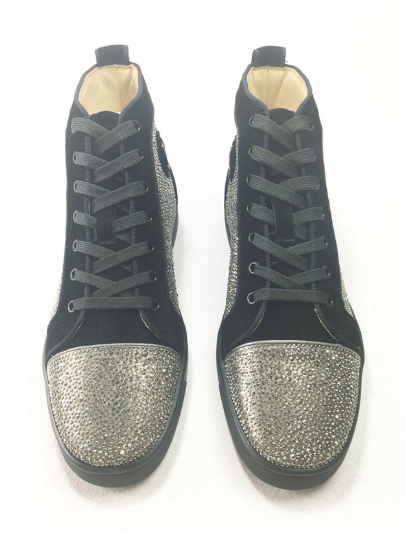 Ανδρικά Μπλε Δερμάτινα High Top Party Sneakers Παπούτσια Με Στρας -  Ασημί