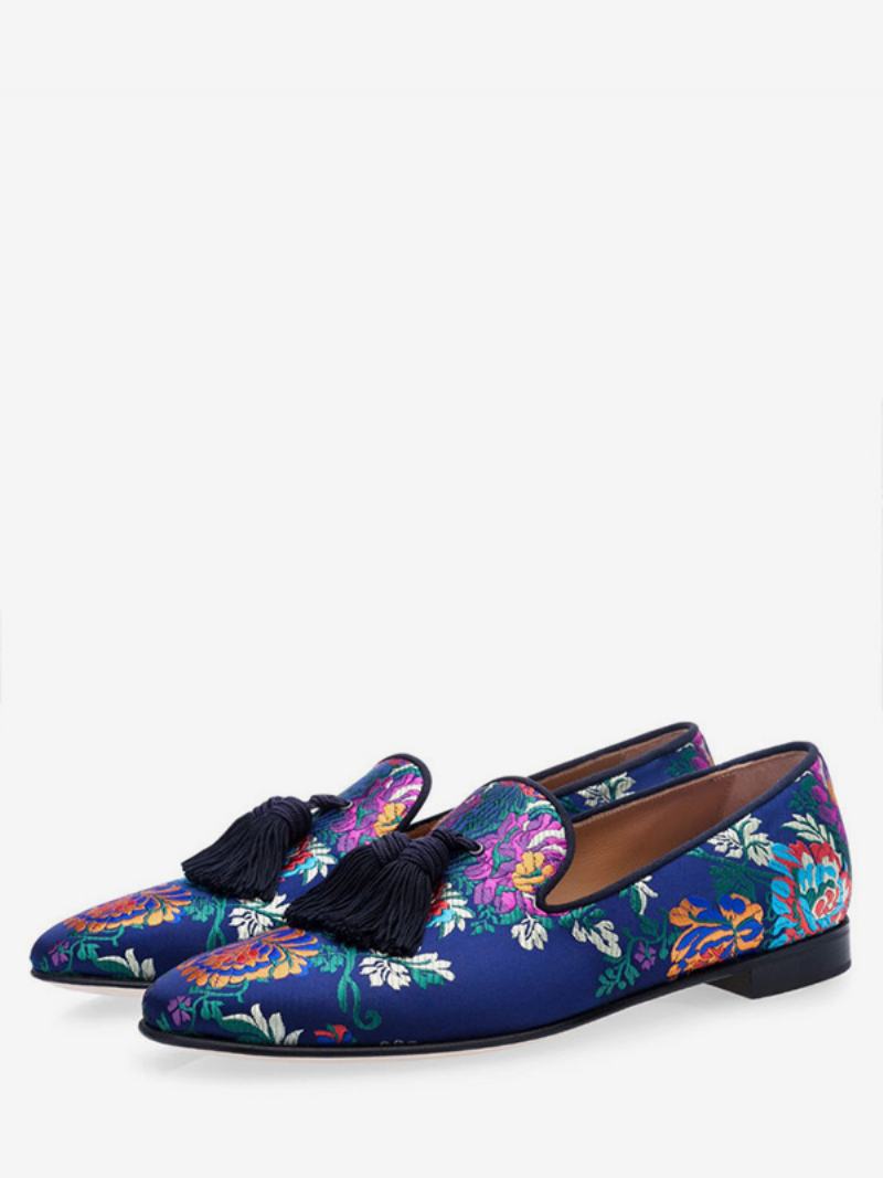 Ανδρικά Μπλε Σατέν Floral Κεντημένα Παπούτσια Prom Loafers Με Φούντα