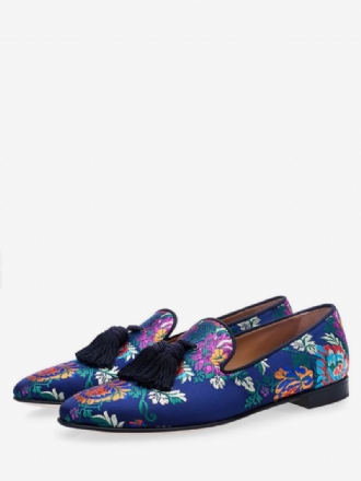 Ανδρικά Μπλε Σατέν Floral Κεντημένα Παπούτσια Prom Loafers Με Φούντα