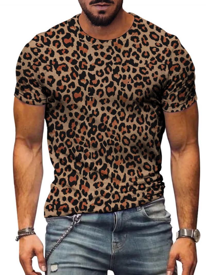 Ανδρικά Μπλουζάκια Casual Jewel Neck Leopard Print Κοντά Μανίκια - Καφέ Καφέ