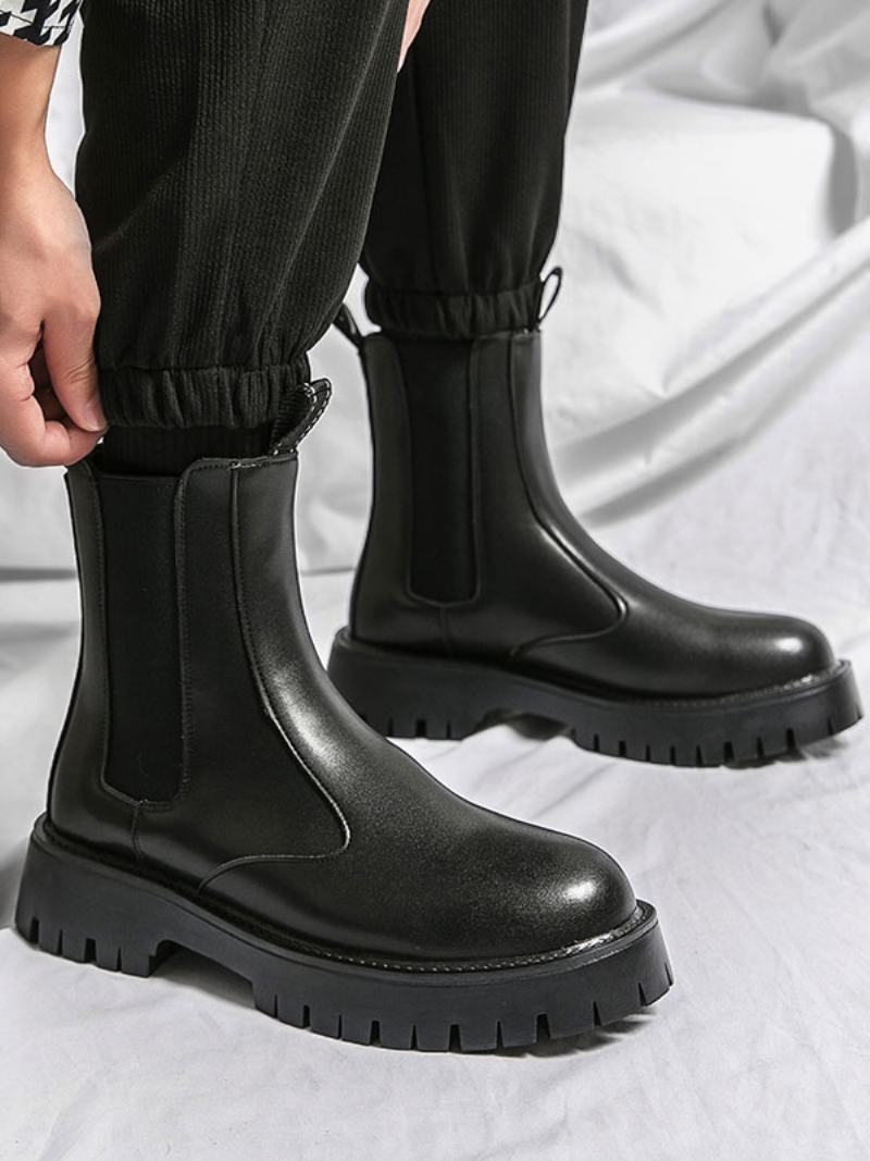 Ανδρικά Μποτάκια Chelsea Boots Μαύρα Pu Δερμάτινα Στρογγυλά Δάχτυλα - Μαύρος