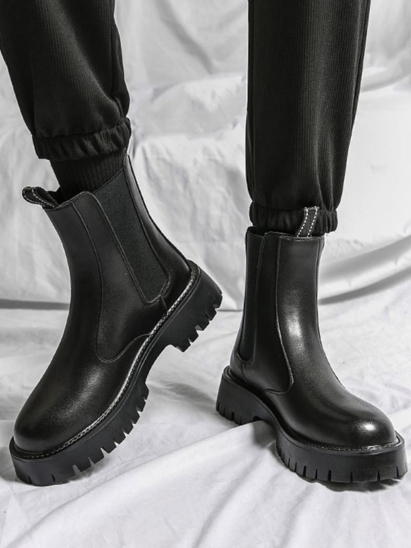 Ανδρικά Μποτάκια Chelsea Boots Μαύρα Pu Δερμάτινα Στρογγυλά Δάχτυλα - Μαύρος