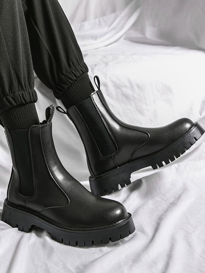 Ανδρικά Μποτάκια Chelsea Boots Μαύρα Pu Δερμάτινα Στρογγυλά Δάχτυλα - Μαύρος