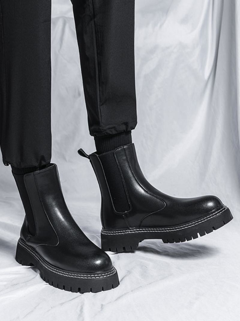 Ανδρικά Μποτάκια Chelsea Boots Μαύρα Pu Δερμάτινα Στρογγυλά Δάχτυλα - Μαύρος