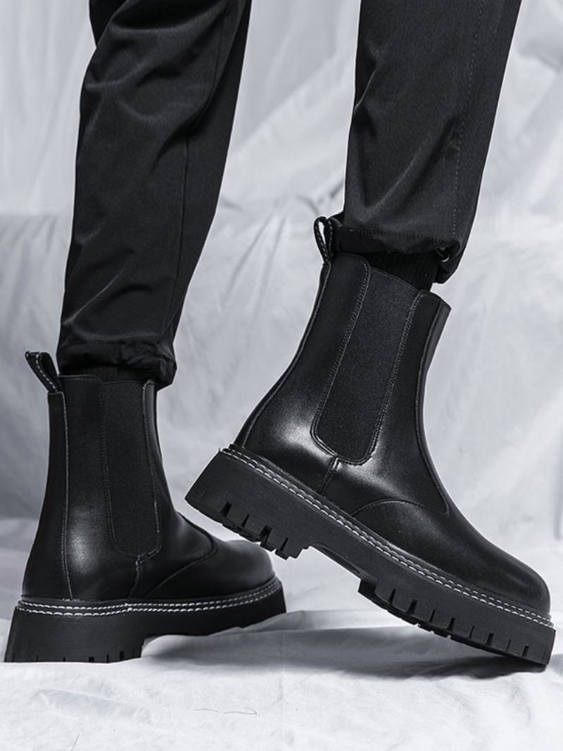 Ανδρικά Μποτάκια Chelsea Boots Μαύρα Pu Δερμάτινα Στρογγυλά Δάχτυλα - Μαύρος