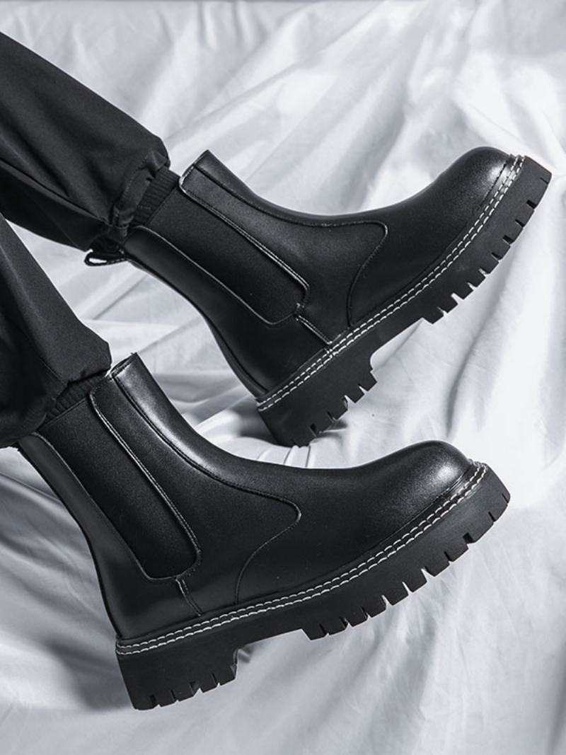 Ανδρικά Μποτάκια Chelsea Boots Μαύρα Pu Δερμάτινα Στρογγυλά Δάχτυλα - Μαύρος