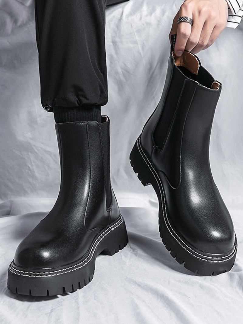 Ανδρικά Μποτάκια Chelsea Boots Μαύρα Pu Δερμάτινα Στρογγυλά Δάχτυλα - Μαύρος