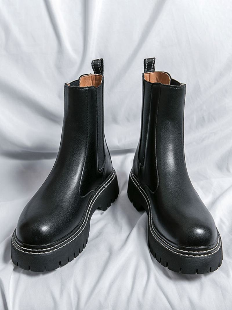 Ανδρικά Μποτάκια Chelsea Boots Μαύρα Pu Δερμάτινα Στρογγυλά Δάχτυλα - Μαύρος