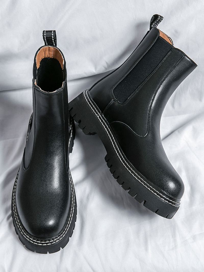 Ανδρικά Μποτάκια Chelsea Boots Μαύρα Pu Δερμάτινα Στρογγυλά Δάχτυλα - Μαύρος