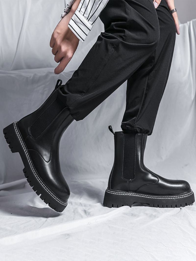 Ανδρικά Μποτάκια Chelsea Boots Μαύρα Pu Δερμάτινα Στρογγυλά Δάχτυλα - Μαύρος