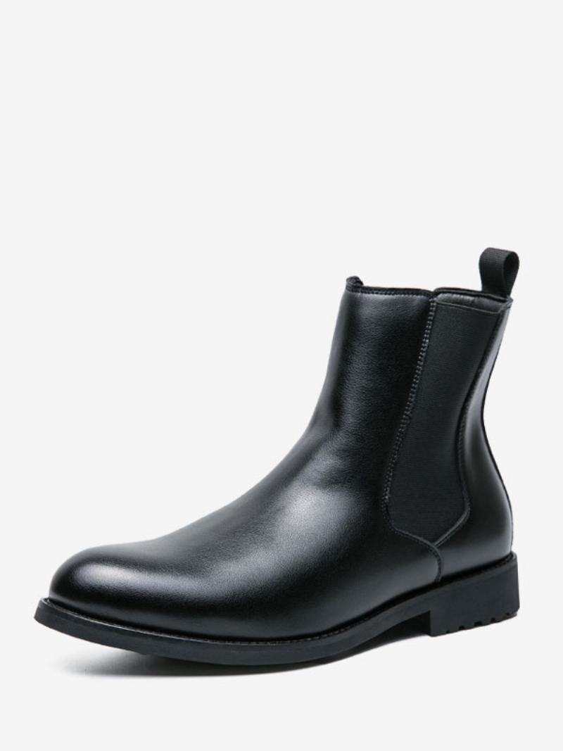 Ανδρικά Μποτάκια Chelsea Boots Μαύρα Pu Δερμάτινα Στρογγυλά Δάχτυλα - Μαύρο