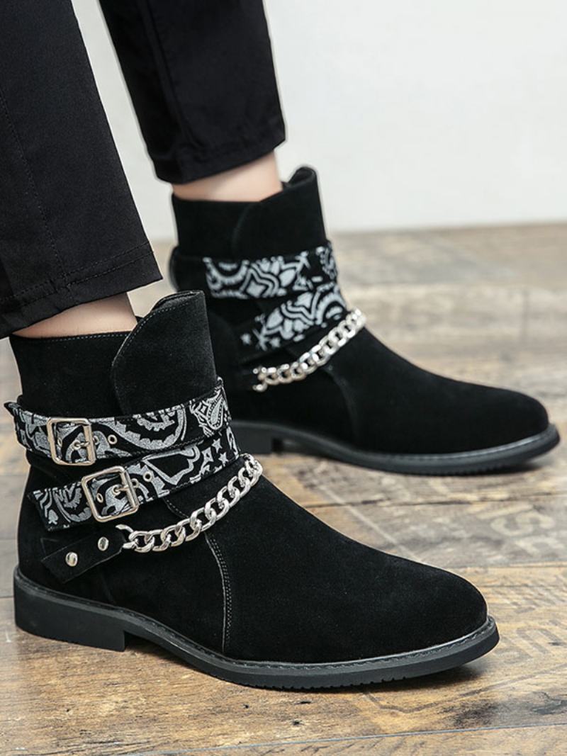 Ανδρικά Μποτάκια Chelsea Boots Μαύρα Pu Δερμάτινα Στρογγυλά Δάχτυλα Αλυσίδες - Μαύρος