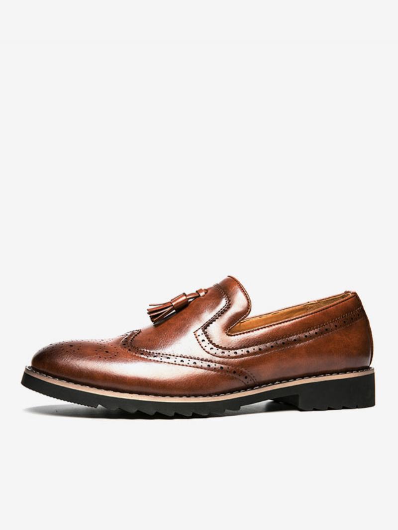 Ανδρικά Παπούτσια Loafer Slip-on Pom Δέρμα Pu Με Στρογγυλή Μύτη - Καφέ Καφέ