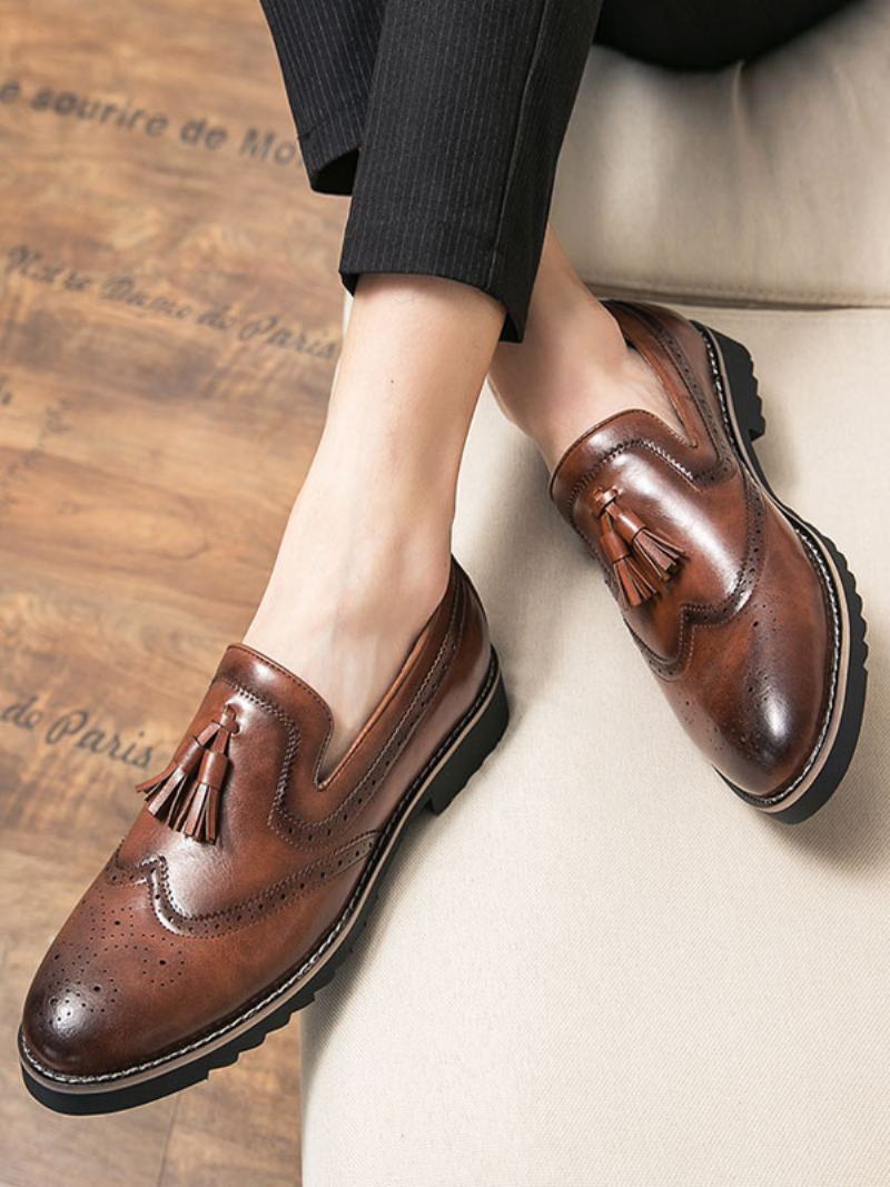 Ανδρικά Παπούτσια Loafer Slip-on Pom Δέρμα Pu Με Στρογγυλή Μύτη - Καφέ Καφέ