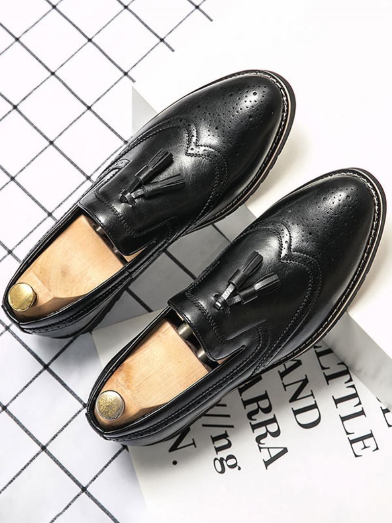 Ανδρικά Παπούτσια Loafer Slip-on Pom Δέρμα Pu Με Στρογγυλή Μύτη - Μαύρο