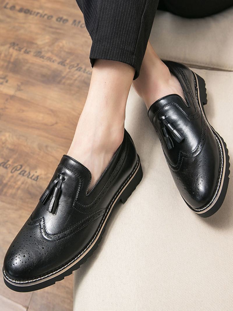 Ανδρικά Παπούτσια Loafer Slip-on Pom Δέρμα Pu Με Στρογγυλή Μύτη - Μαύρο