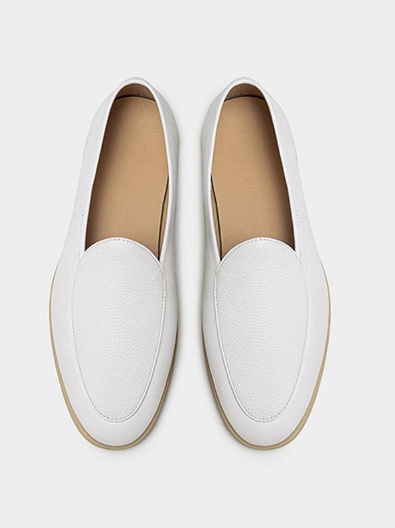 Ανδρικά Παπούτσια Loafer Slip-on Round Toe Από Δέρμα Αγελάδας - Λευκό