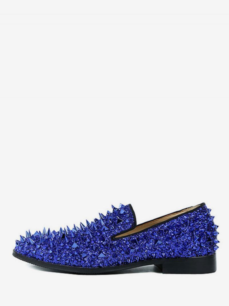 Ανδρικά Παπούτσια Spike Loafers Glitter Blue Με Στρογγυλά Γάμου - Μπλε