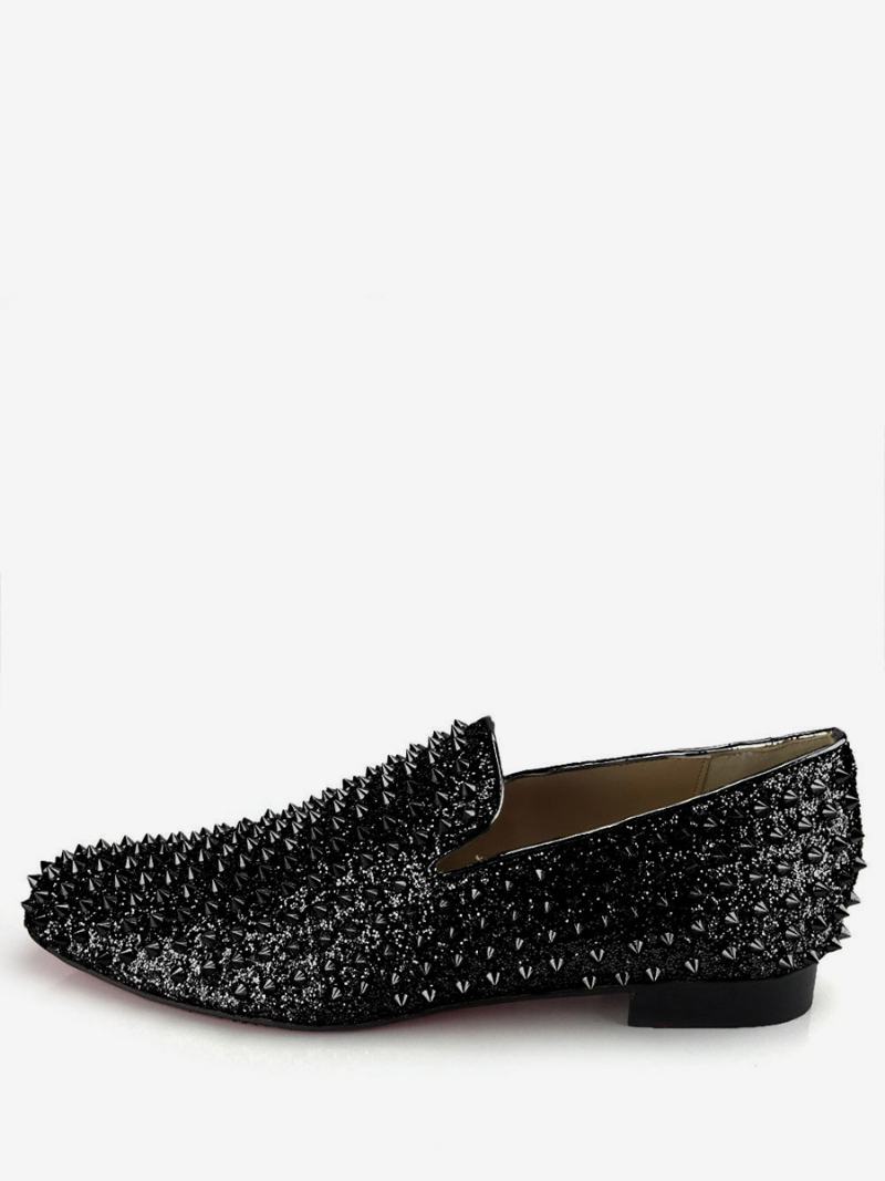 Ανδρικά Παπούτσια Γάμου Με Χρυσό Γκλίτερ Spike Loafers Slip On Prom Party - Μαύρο