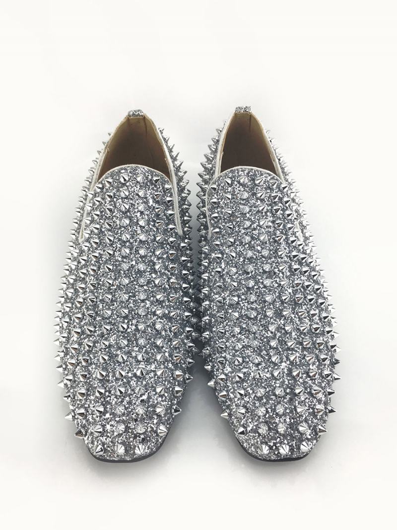 Ανδρικά Παπούτσια Γάμου Με Χρυσό Γκλίτερ Spike Loafers Slip On Prom Party - Ασημί