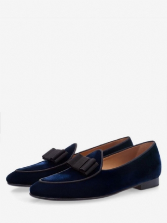 Ανδρικά Παπούτσια Για Πάρτι Velvet Round Toe Bow Slip On Loafers Deep Blue Prom