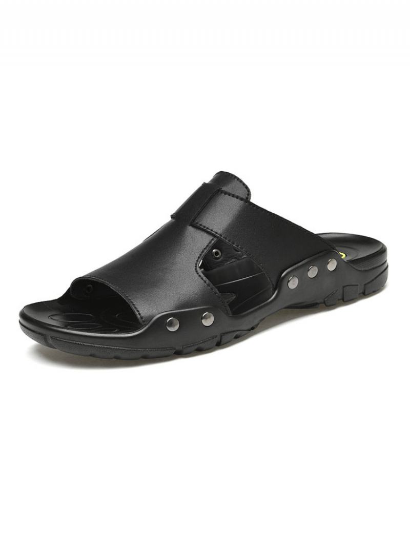 Ανδρικά Σανδάλια Slip-on Σόλα Από Καουτσούκ Δέρμα Αγελάδας - Μαύρο