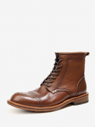 Ανδρικά Σκαλιστά Brogue High Top Martin Work Motorcycle Coffee Καφέ Δέρμα Αγελάδας Με Στρογγυλά Δάχτυλα Κορδόνι Ρετρό Κοντές Μπότες