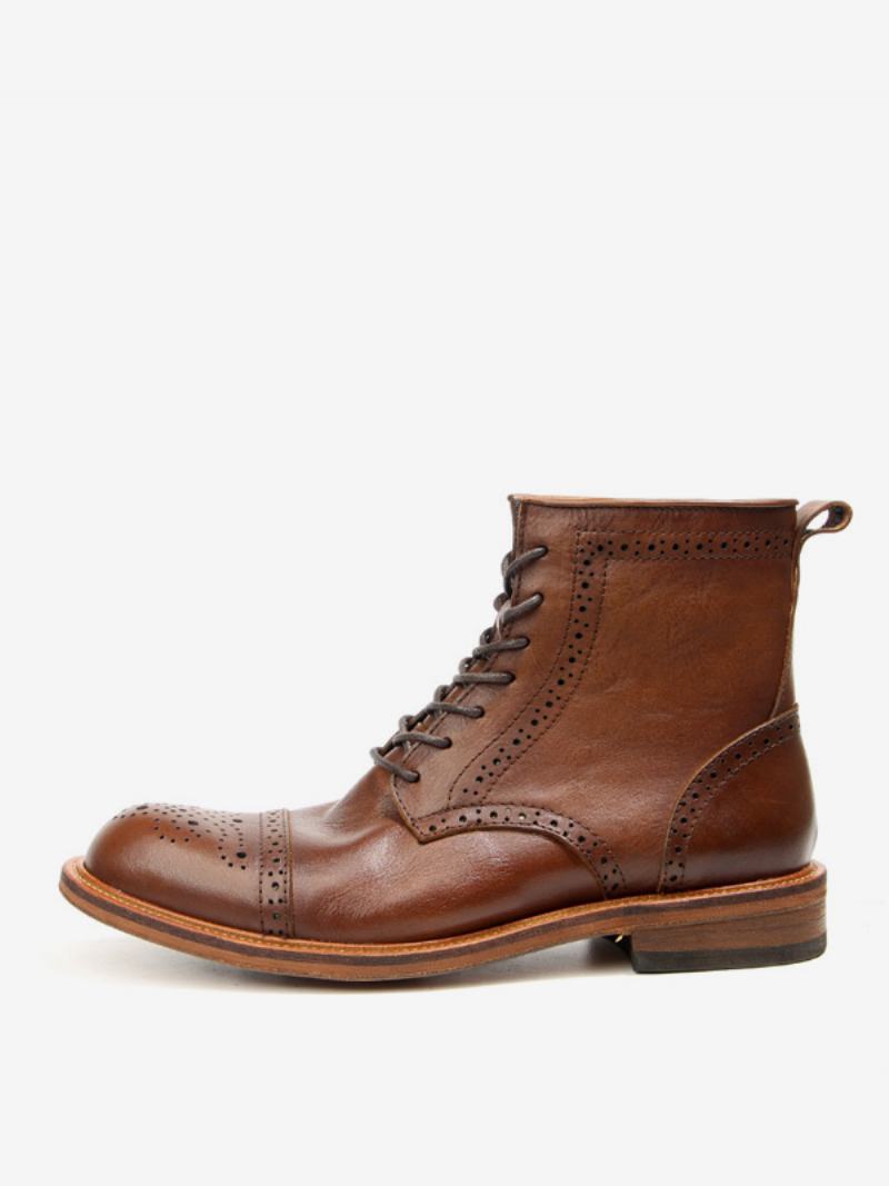 Ανδρικά Σκαλιστά Brogue High Top Martin Work Motorcycle Coffee Καφέ Δέρμα Αγελάδας Με Στρογγυλά Δάχτυλα Κορδόνι Ρετρό Κοντές Μπότες - Καφέ Καφέ