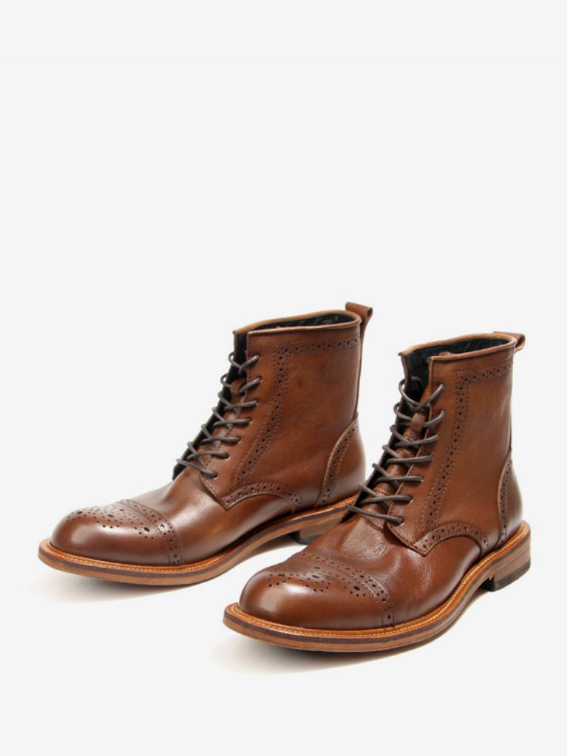 Ανδρικά Σκαλιστά Brogue High Top Martin Work Motorcycle Coffee Καφέ Δέρμα Αγελάδας Με Στρογγυλά Δάχτυλα Κορδόνι Ρετρό Κοντές Μπότες - Καφέ Καφέ