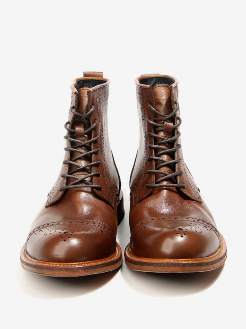 Ανδρικά Σκαλιστά Brogue High Top Martin Work Motorcycle Coffee Καφέ Δέρμα Αγελάδας Με Στρογγυλά Δάχτυλα Κορδόνι Ρετρό Κοντές Μπότες - Καφέ Καφέ