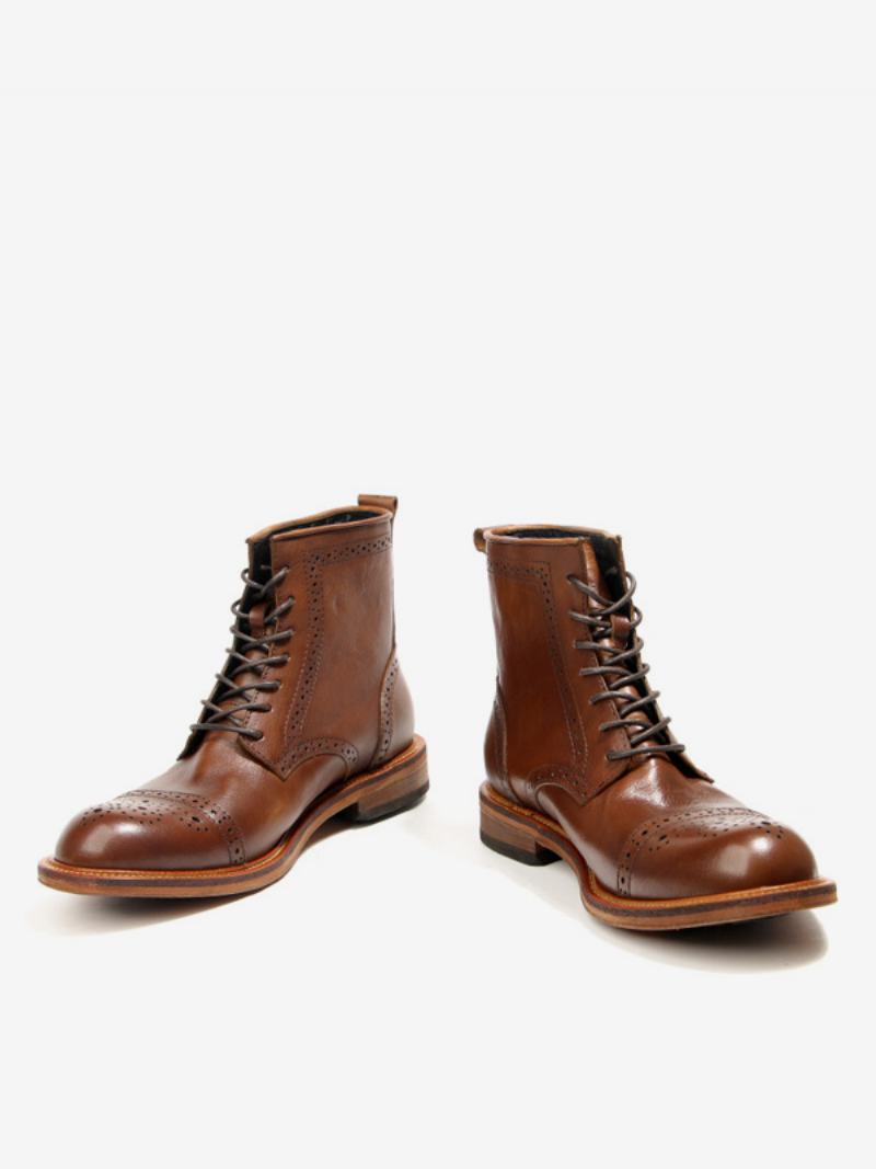 Ανδρικά Σκαλιστά Brogue High Top Martin Work Motorcycle Coffee Καφέ Δέρμα Αγελάδας Με Στρογγυλά Δάχτυλα Κορδόνι Ρετρό Κοντές Μπότες - Καφέ Καφέ