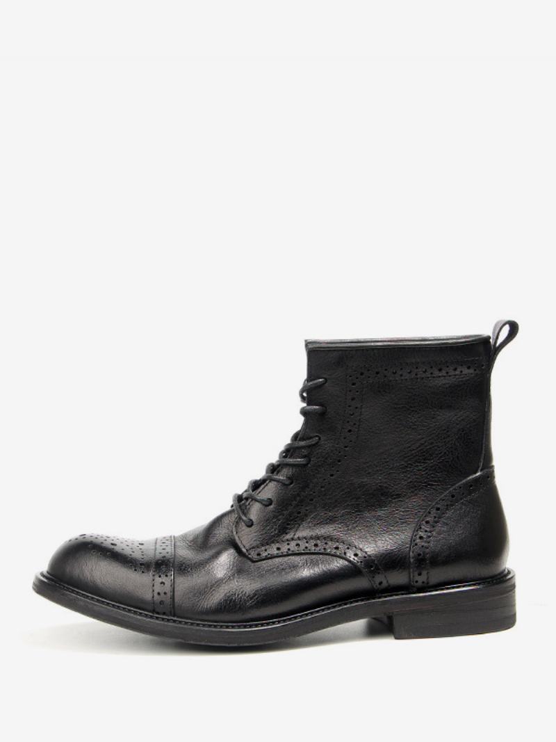 Ανδρικά Σκαλιστά Brogue High Top Martin Work Motorcycle Coffee Καφέ Δέρμα Αγελάδας Με Στρογγυλά Δάχτυλα Κορδόνι Ρετρό Κοντές Μπότες - Μαύρο