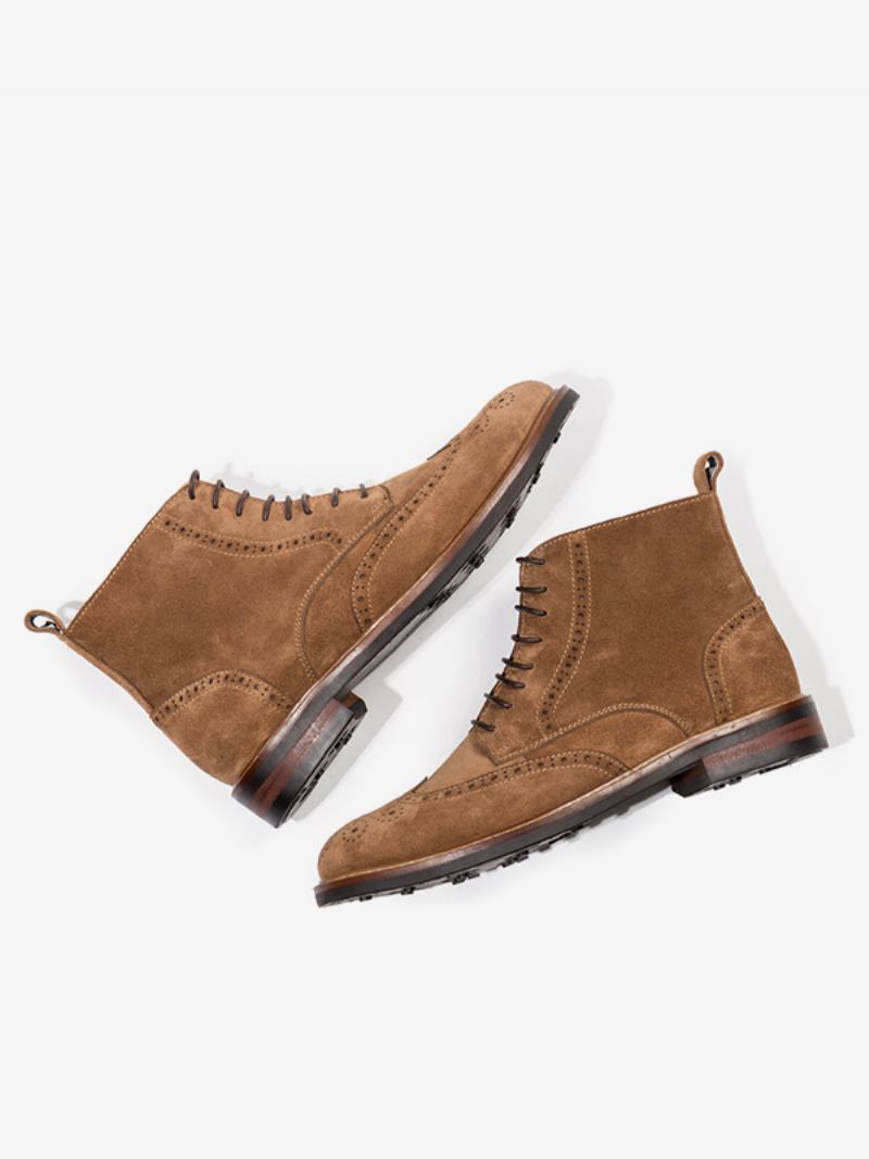 Ανδρικές Martin Work Motorcycle Coffee Brown Suede Δερμάτινες Στρογγυλές Μπότες Combat - Καφέ Καφέ