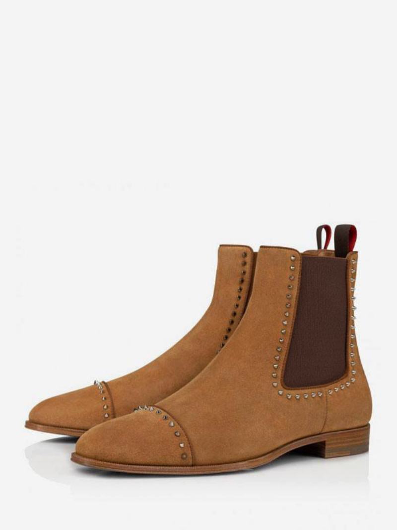 Ανδρικές Απτές Μπότες Chelsea Spikes Σε Ασημί Τόνους Camel Suede Δερμάτινες Τετράγωνες Με Πριτσίνια Για Χορό