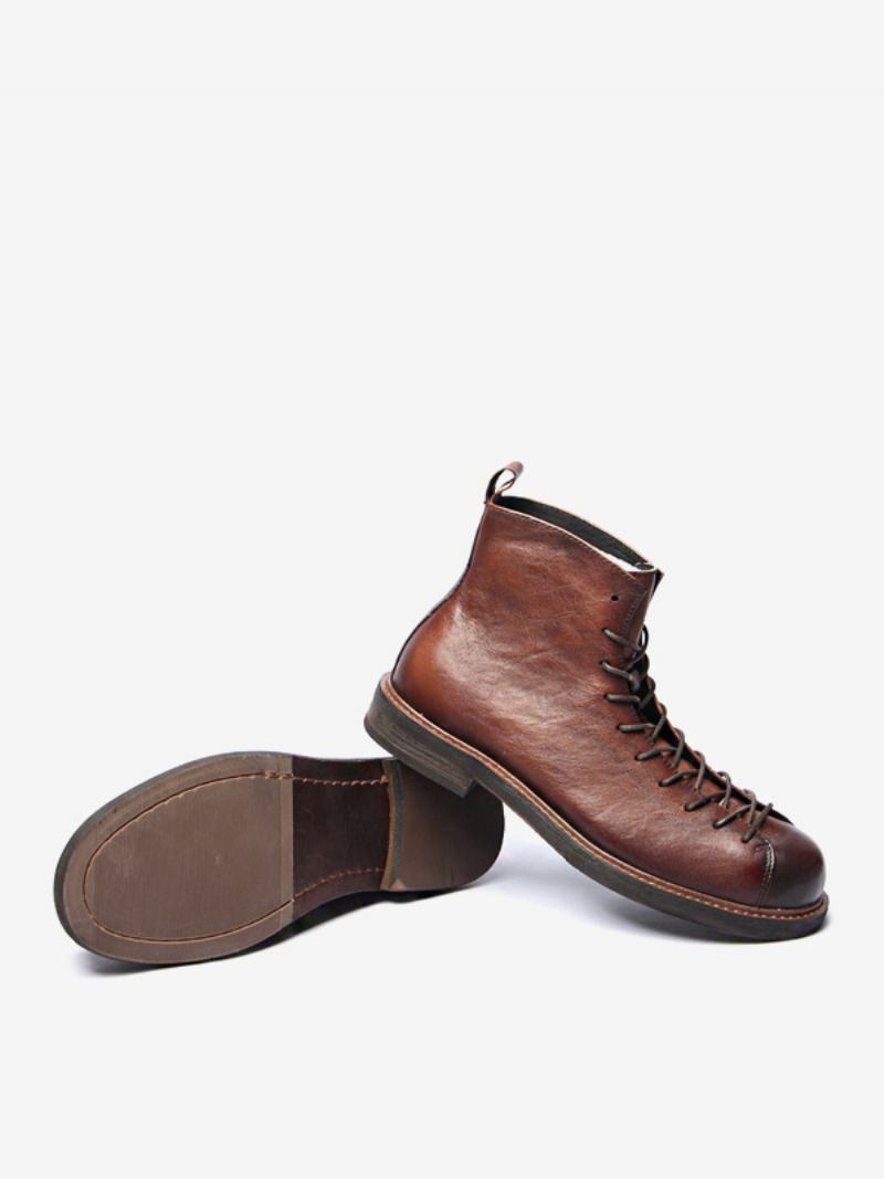 Ανδρικές Κοντές Μπότες Martin Black Cowhide Retro Work Round Toe Lace Up - Βαθύ Καφέ