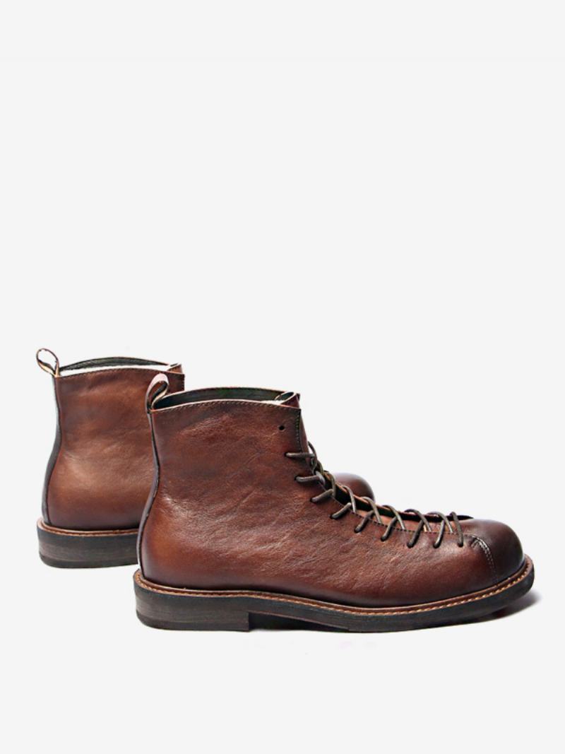 Ανδρικές Κοντές Μπότες Martin Black Cowhide Retro Work Round Toe Lace Up - Βαθύ Καφέ