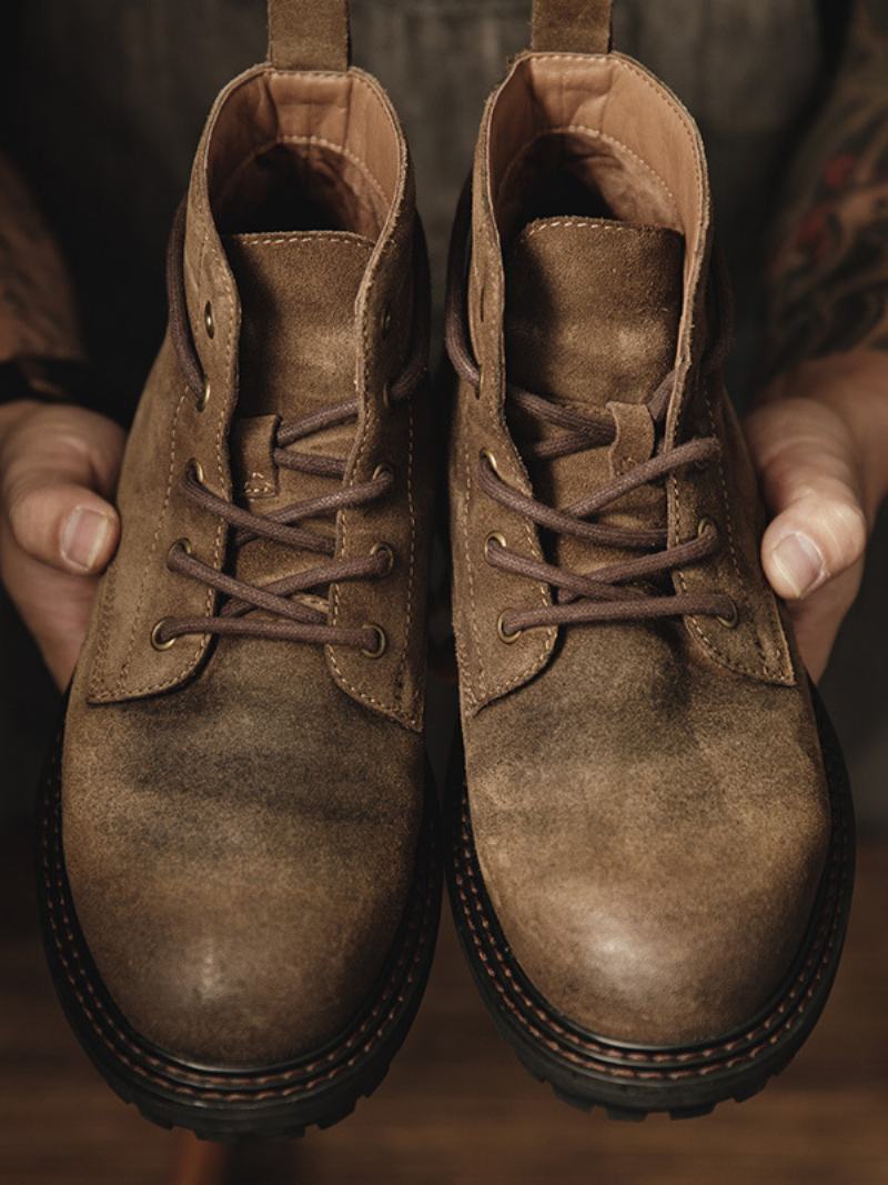 Ανδρικές Κοντές Μπότες Martin Work Coffee Brown Suede Δερμάτινες Στρογγυλές Μύτης - Καφέ Καφέ