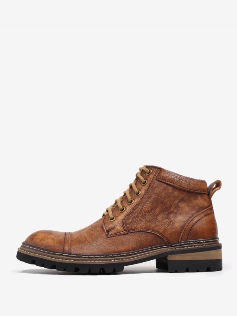 Ανδρικές Μοτοσικλέτες Martin Work Coffee Brown Cowhide Round Toe Combat Boots