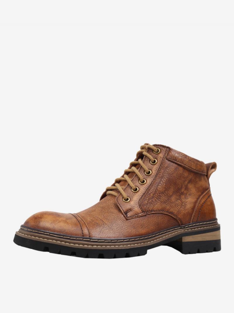 Ανδρικές Μοτοσικλέτες Martin Work Coffee Brown Cowhide Round Toe Combat Boots - Καφέ Καφέ