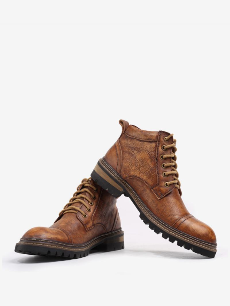 Ανδρικές Μοτοσικλέτες Martin Work Coffee Brown Cowhide Round Toe Combat Boots - Καφέ Καφέ